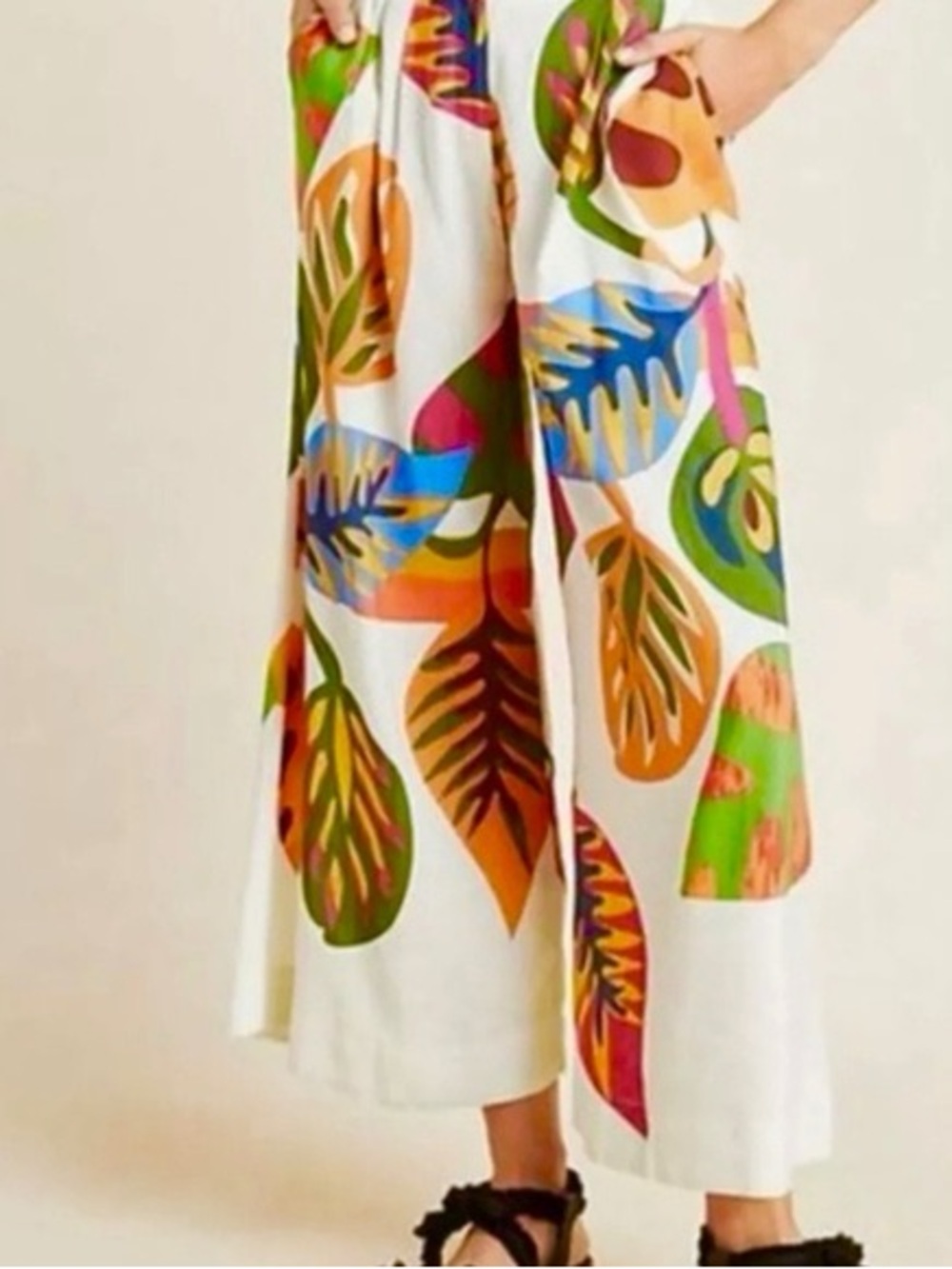 Farm Rio Anthropologie Tropical Palm Leaf Wide Leg Cropped Pants size xs - Picture 2 of 8